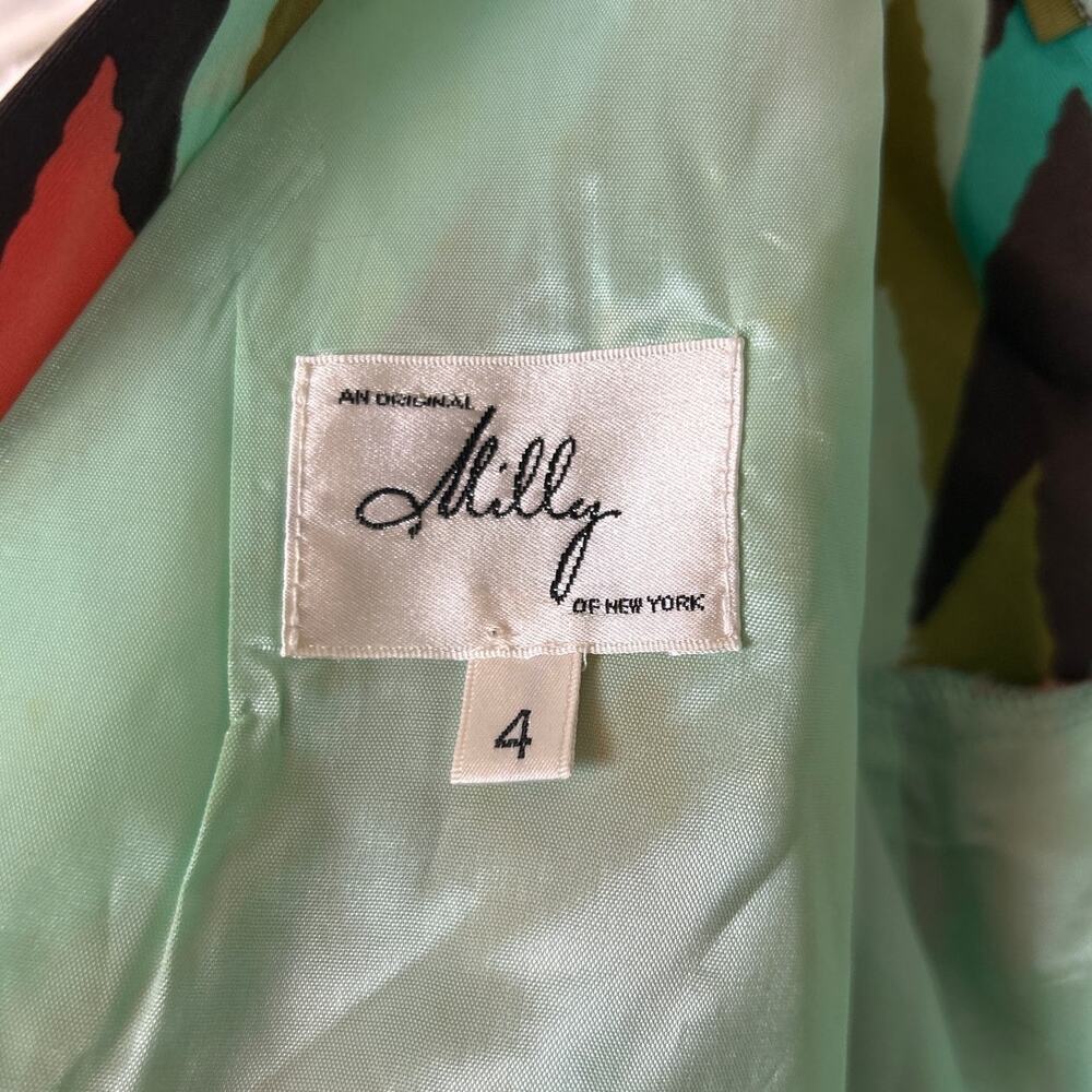Milly of New York women size 4 100% Silk Resort Chevron Midi Dress Green Orange - Picture 3 of 3
